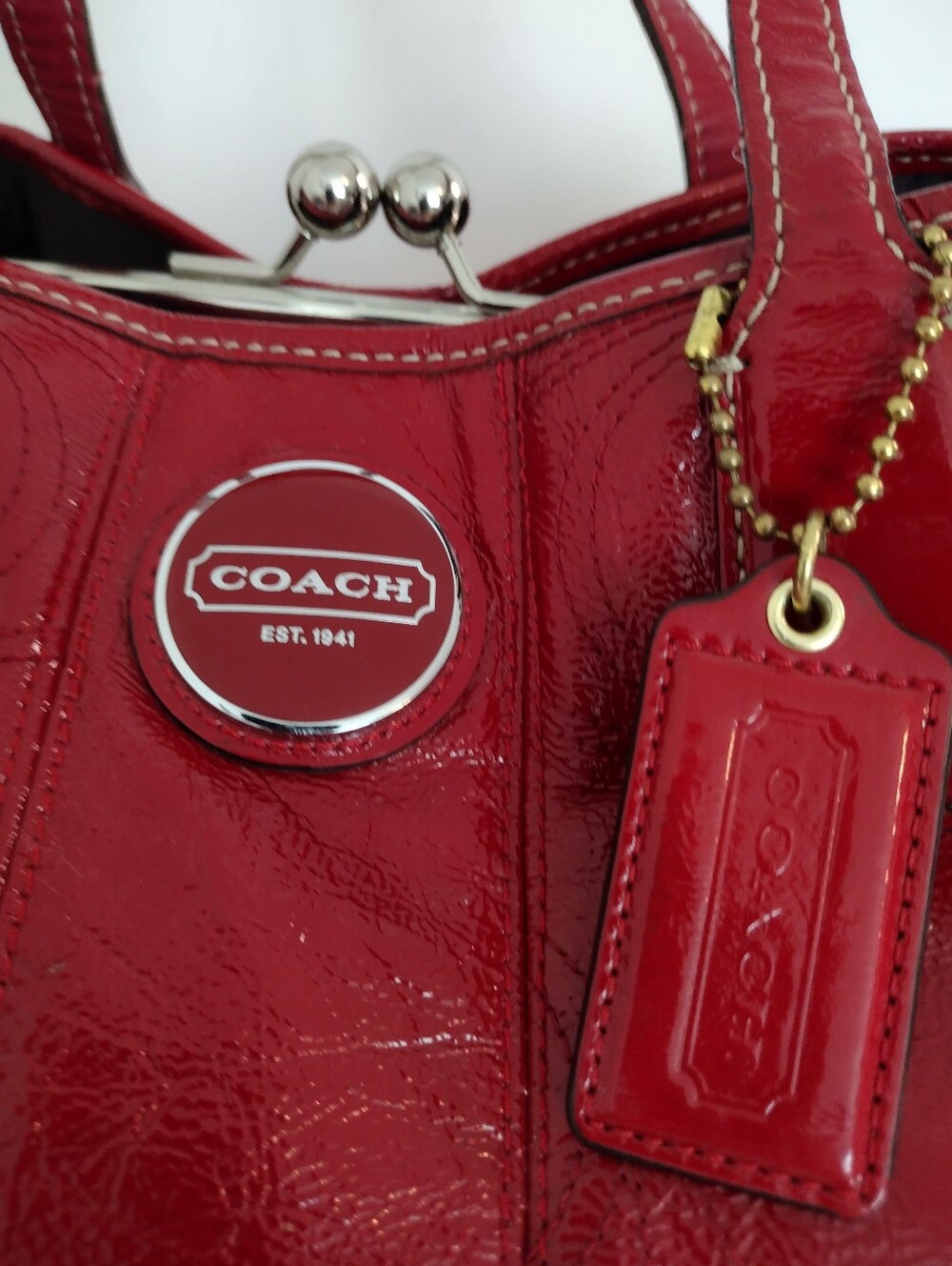 Vintage Y2K Coach Red Patent Leather Kiss Lock Carryall Tote Shoulder Bag F15658 - Picture 4 of 15